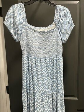 Daily Practice Smocked Square-Neck Maxi Dress in Light Blue Chevron